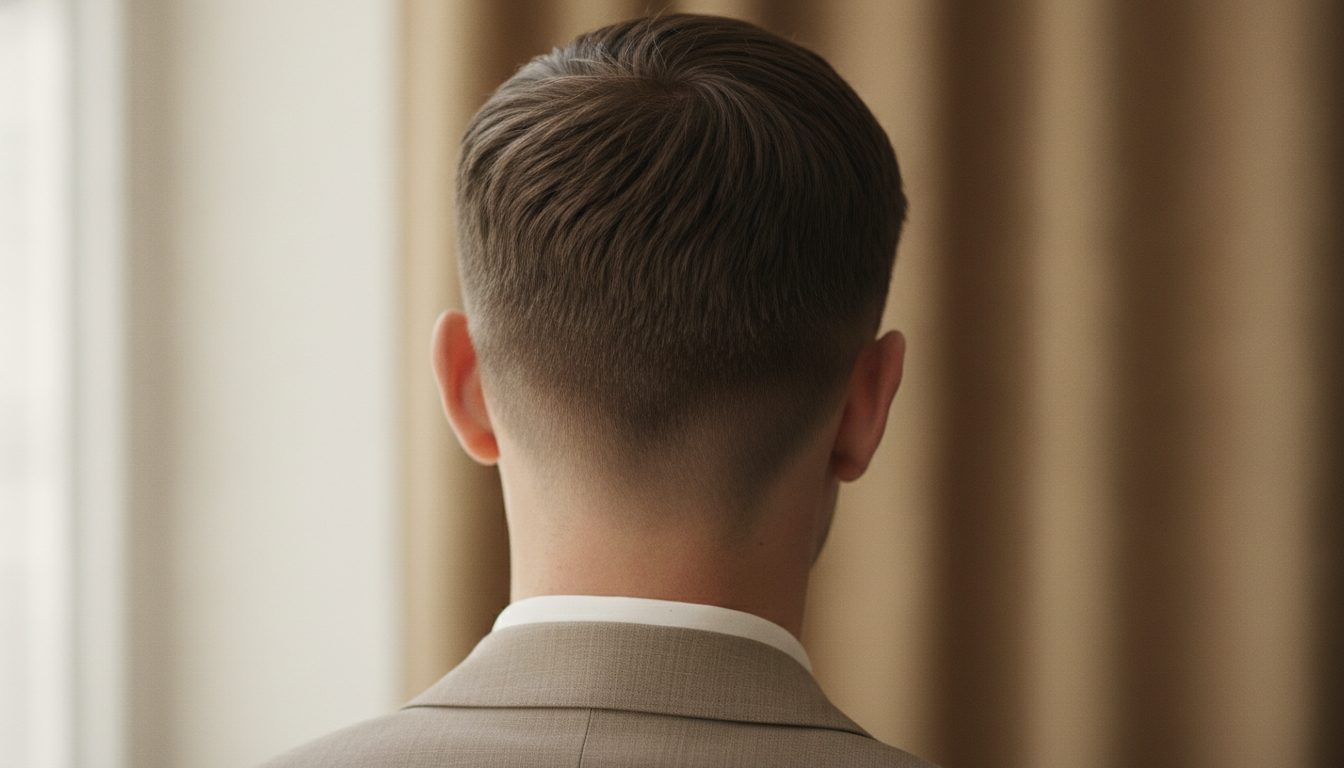 The back of a man's freshly cut classic haircut with a crisp tapered neckline