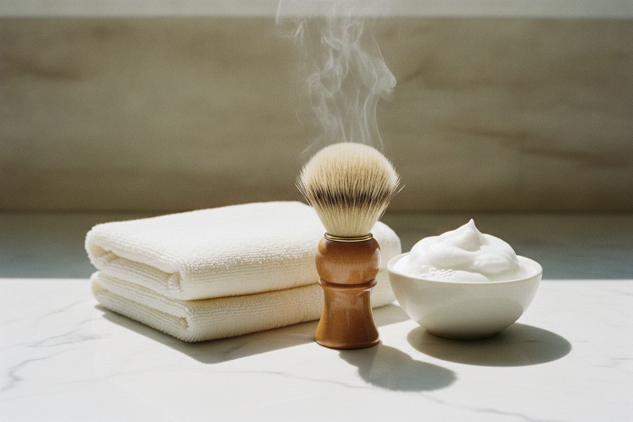 A folded warm linen towel beside a shave brush and a bowl of fresh lather in daylight