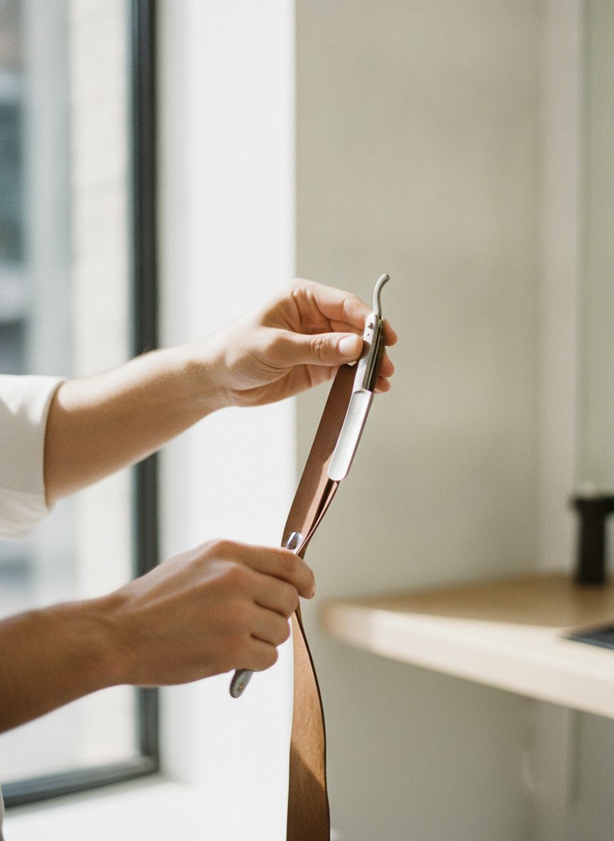 A barber's hands honing a straight razor along a leather strop in soft morning light